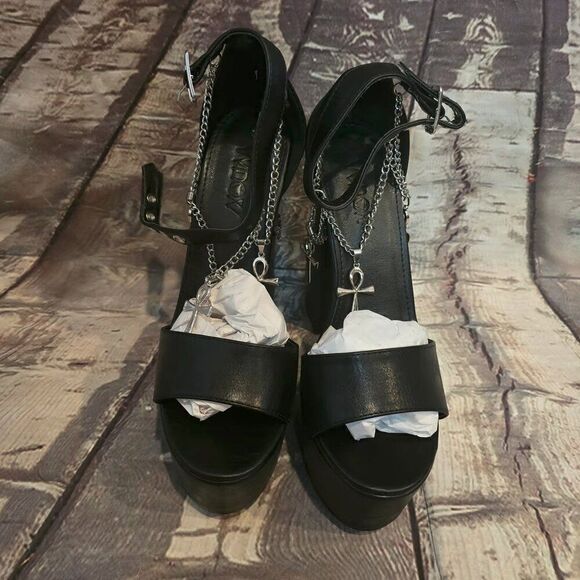 Widow Goth, Emo, Black Faux Leather Akhn Jewlery Platform Sandals Size 8 - Picture 4 of 6